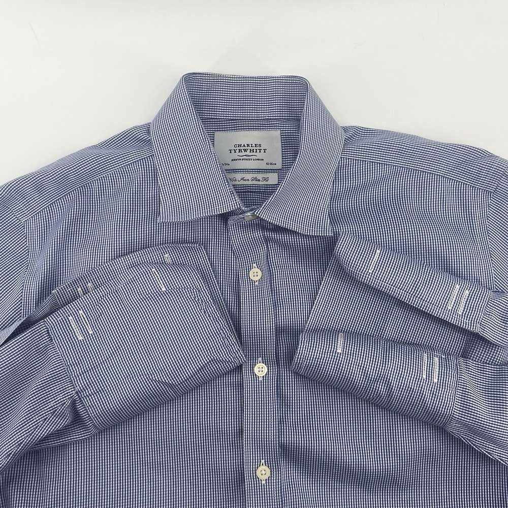 Charles‎ Tyrwhitt Men's 16.5 34 Large Blue Check Shirt Slim Fit Non Iron Cuff